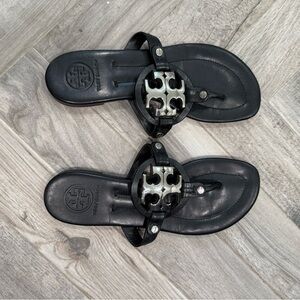 Tory Burch Black Miller Leather Sandals with Silver Emblem